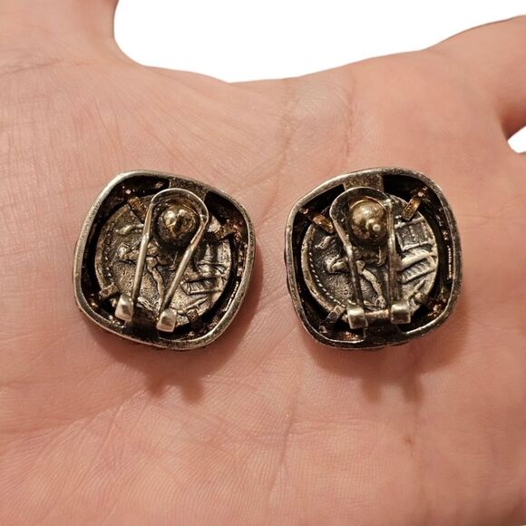 Judith Ripka Sterling Silver Greek Coin Diamonique Textured Rope Omega Earrings - Picture 3 of 5